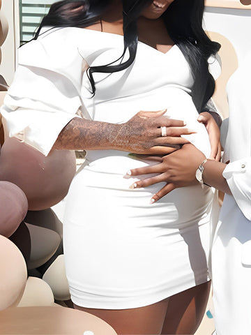 White Off Shoulder Backless V-Neck Lantern Sleeve Bodycon Party Cute Baby Shower Maternity Mini Dress Maternity
